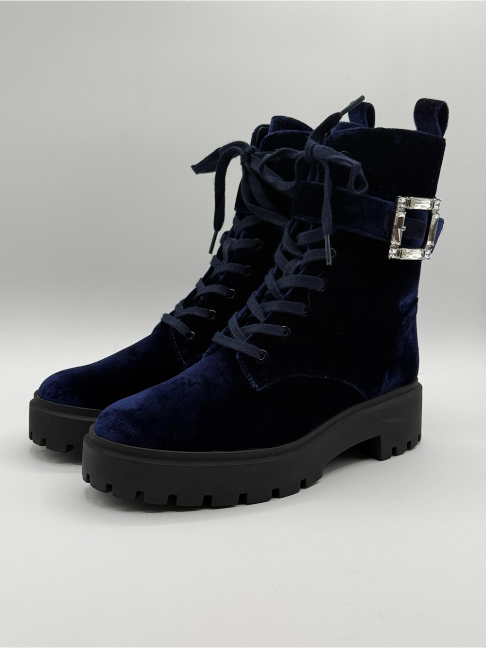 Stuart Weitzman June Velvet Combat Boots Navy Blue Chunky Lug Sole Buckle - Picture 4 of 17